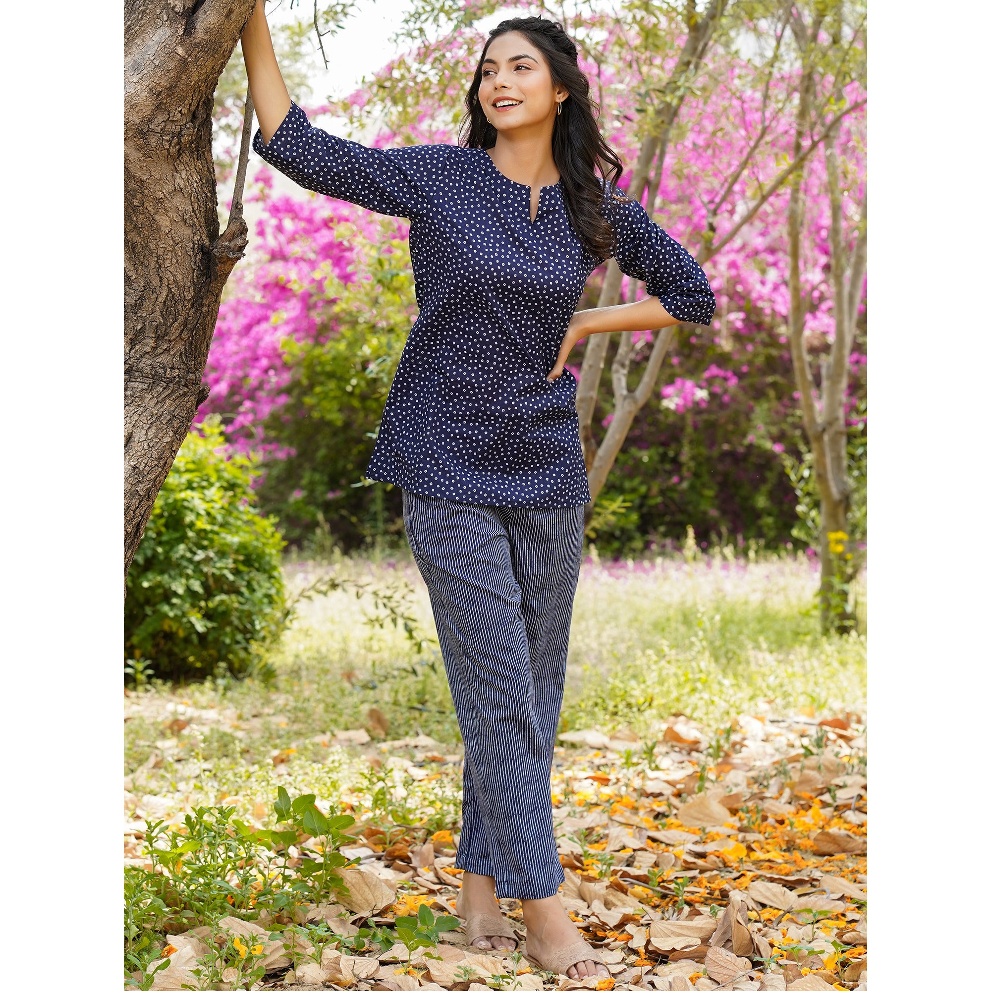 Patterned Dots with stripes on Blue Loungewear Top Set