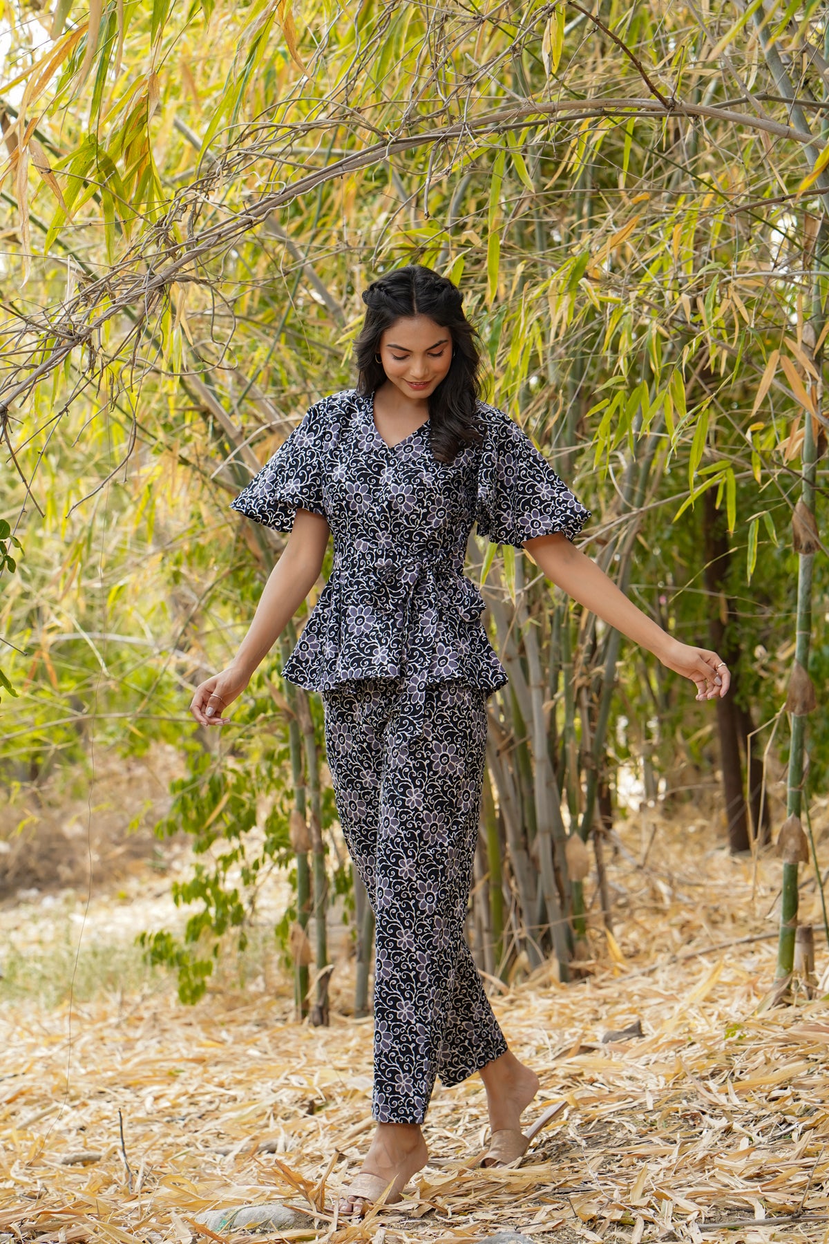 Floral Bouquet on Black Loungewear Top Set