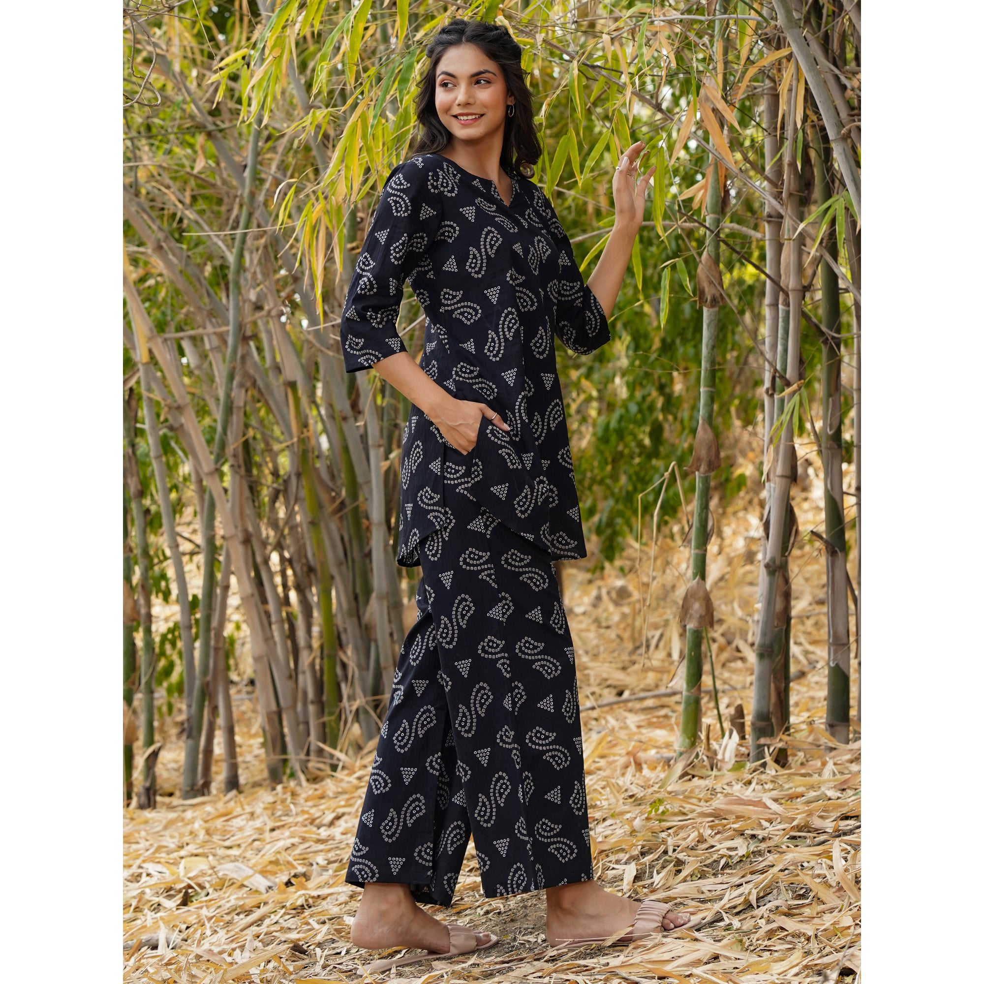 Patterned Bandhej on Black Loungewear Top Set