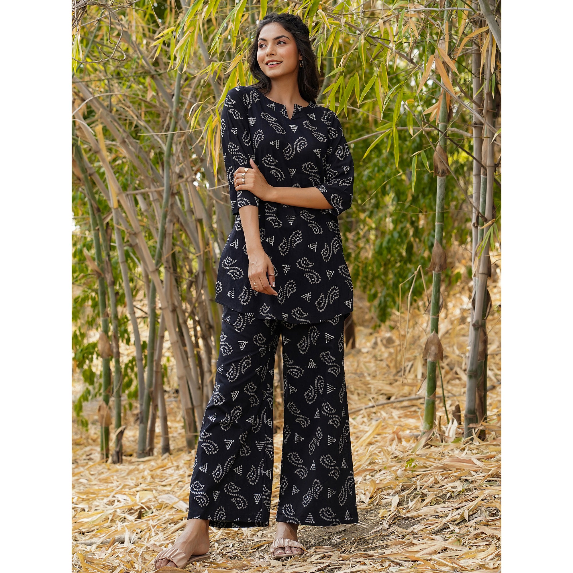 Patterned Bhandej on Black Loungewear Top Set