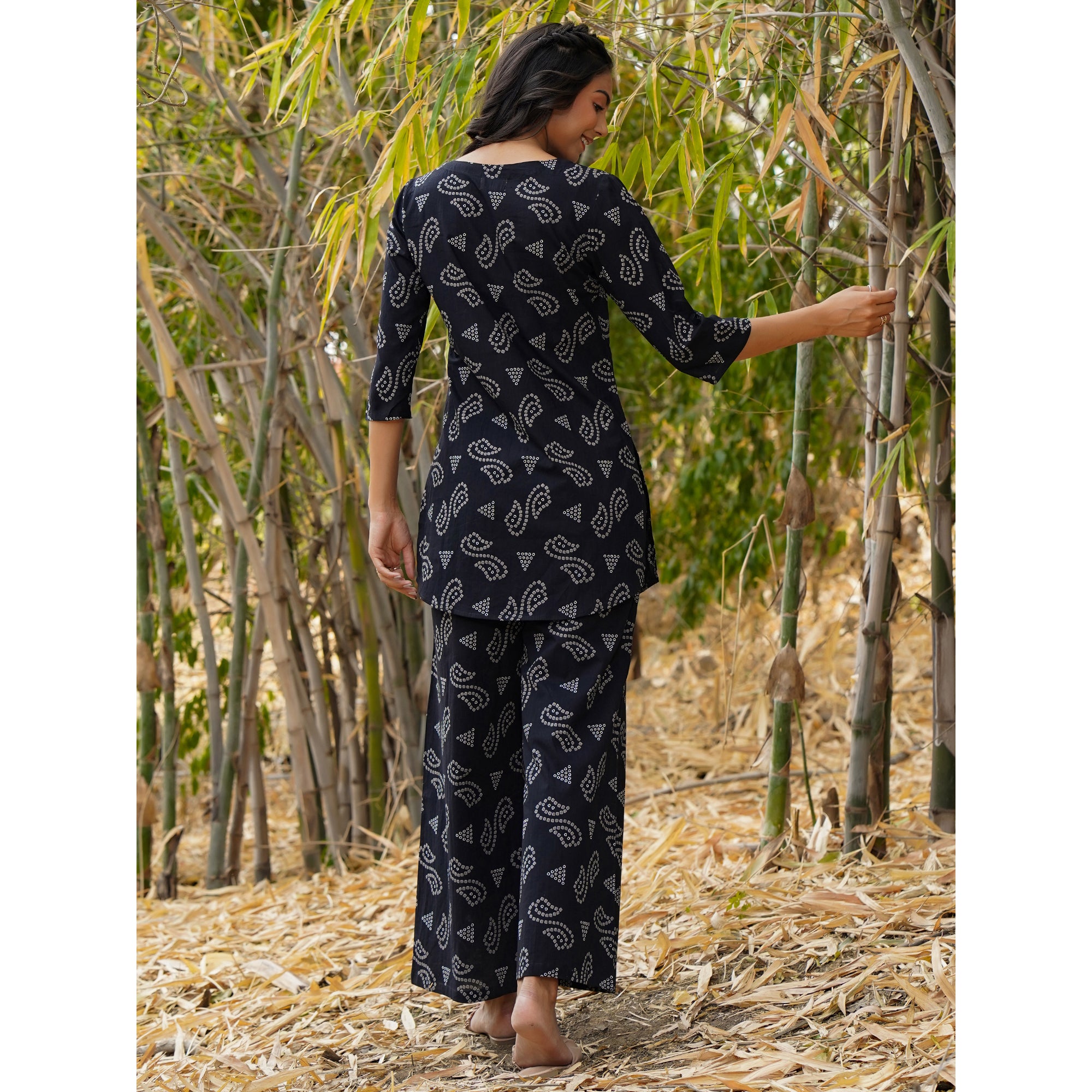 Patterned Bhandej on Black Loungewear Top Set