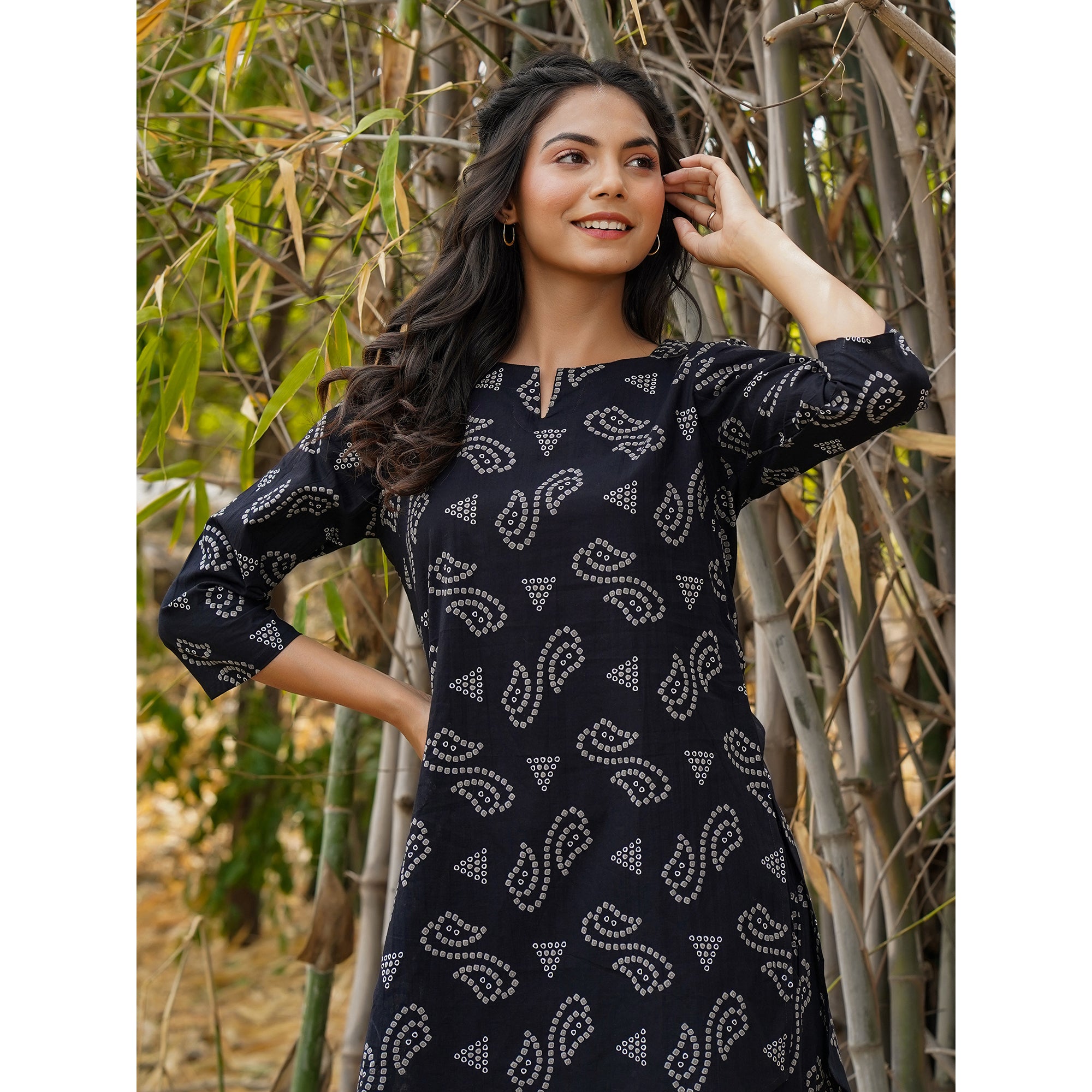 Patterned Bhandej on Black Loungewear Top Set