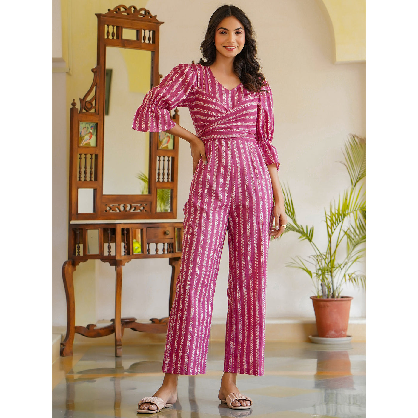 Abstract Stripes on Pink Cotton Jumpsuit