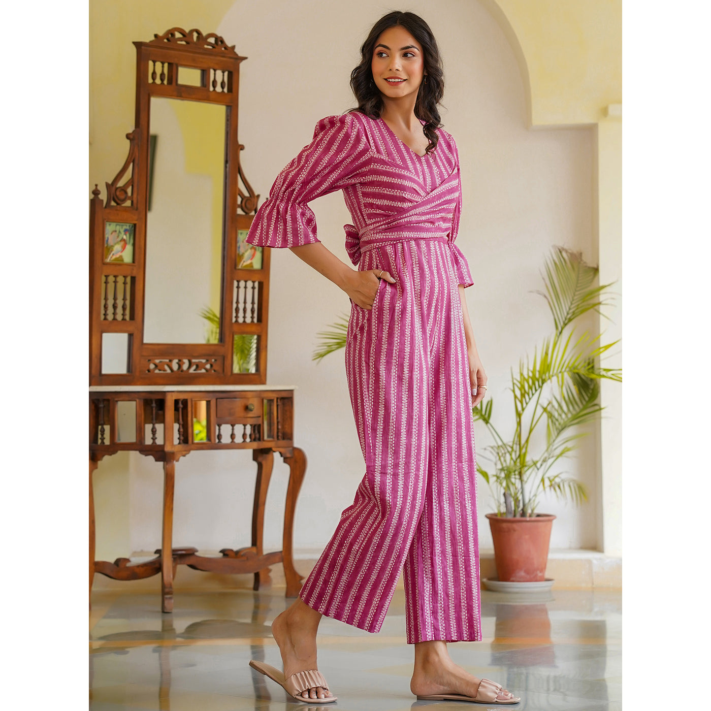 Abstract Stripes on Pink Cotton Jumpsuit