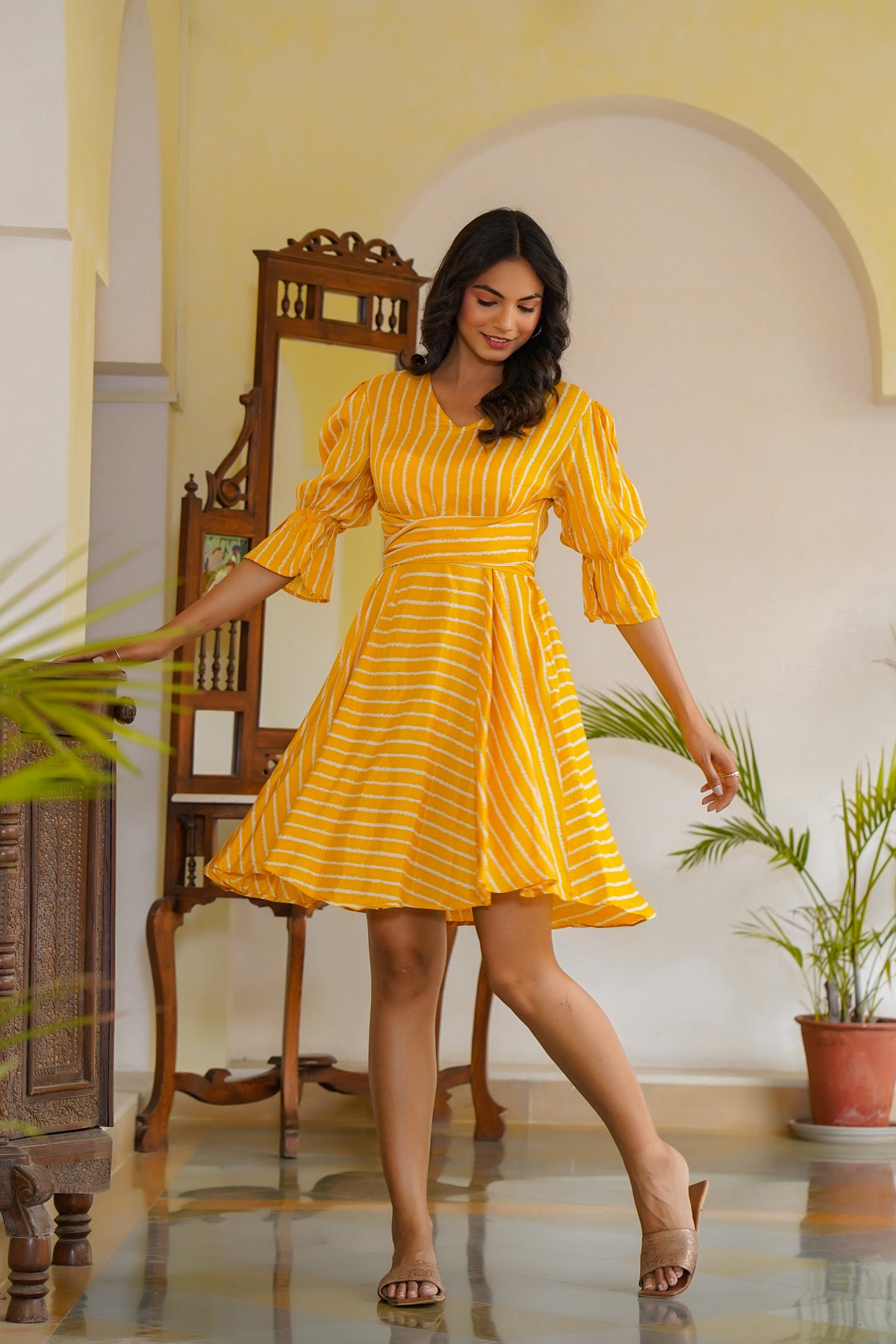 Salsa Mustard back tie up Summer Silk Dress