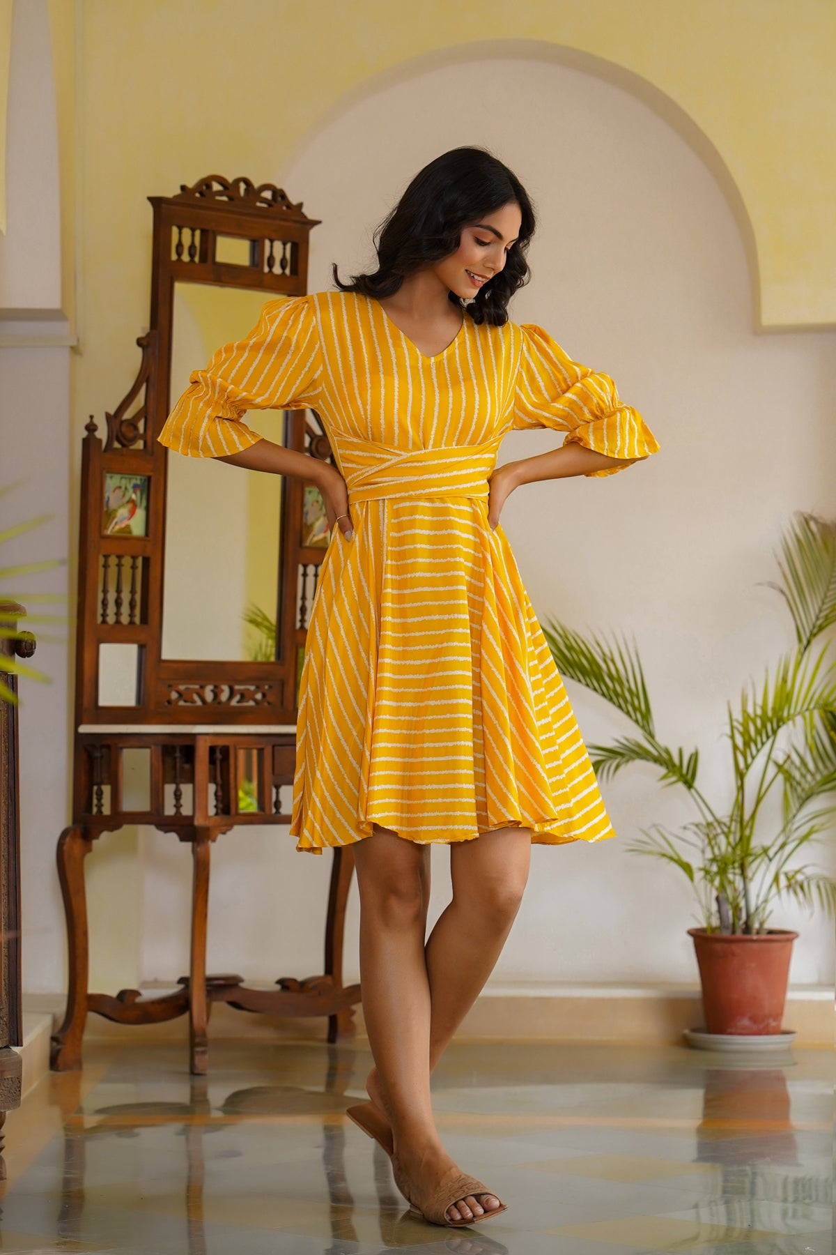 Salsa Mustard back tie up Summer Silk Dress