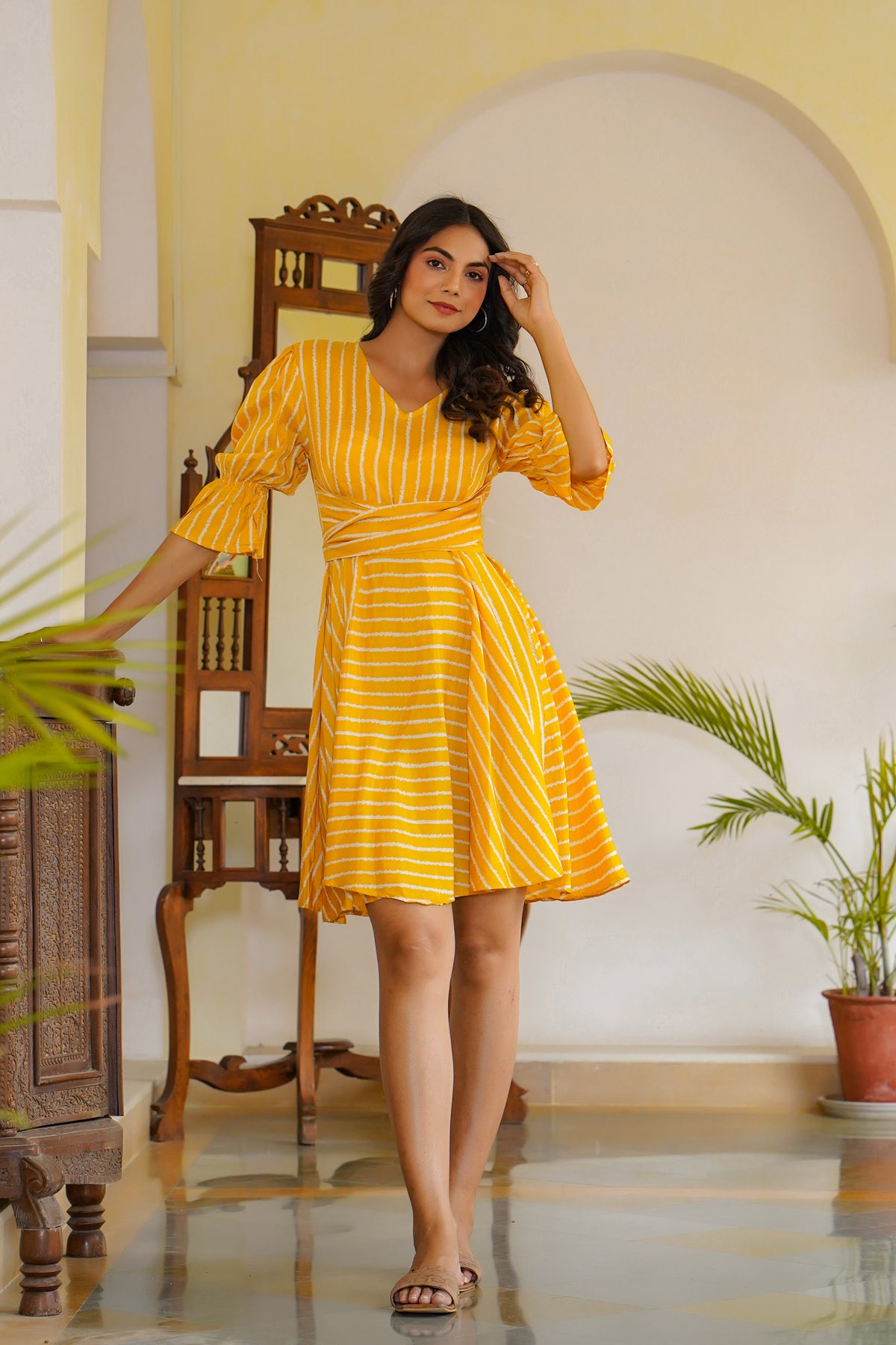 Salsa Mustard back tie up Summer Silk Dress