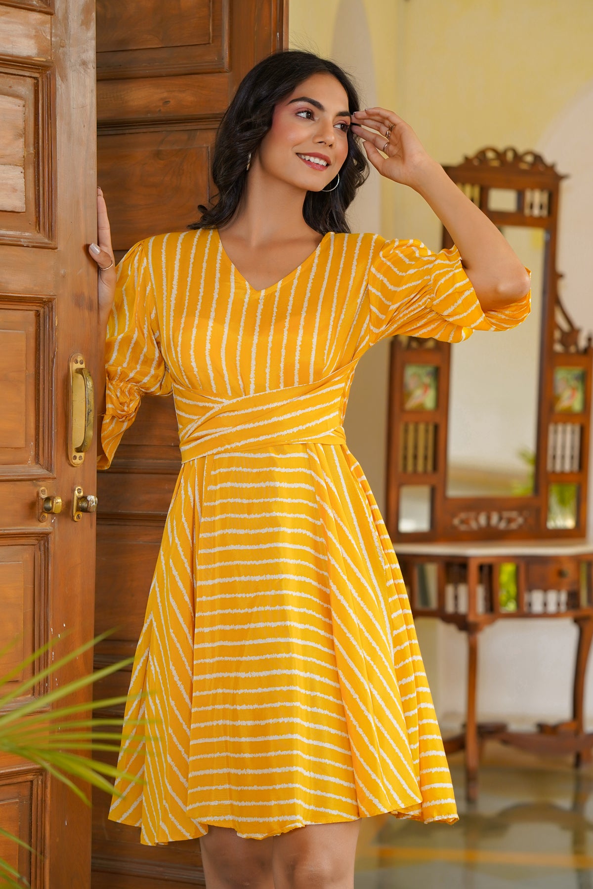 Salsa Mustard back tie up Summer Silk Dress