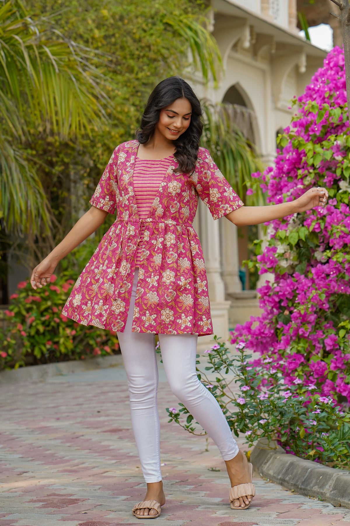 Floral Mosaic with Striped Inner on Pink Short Kurti