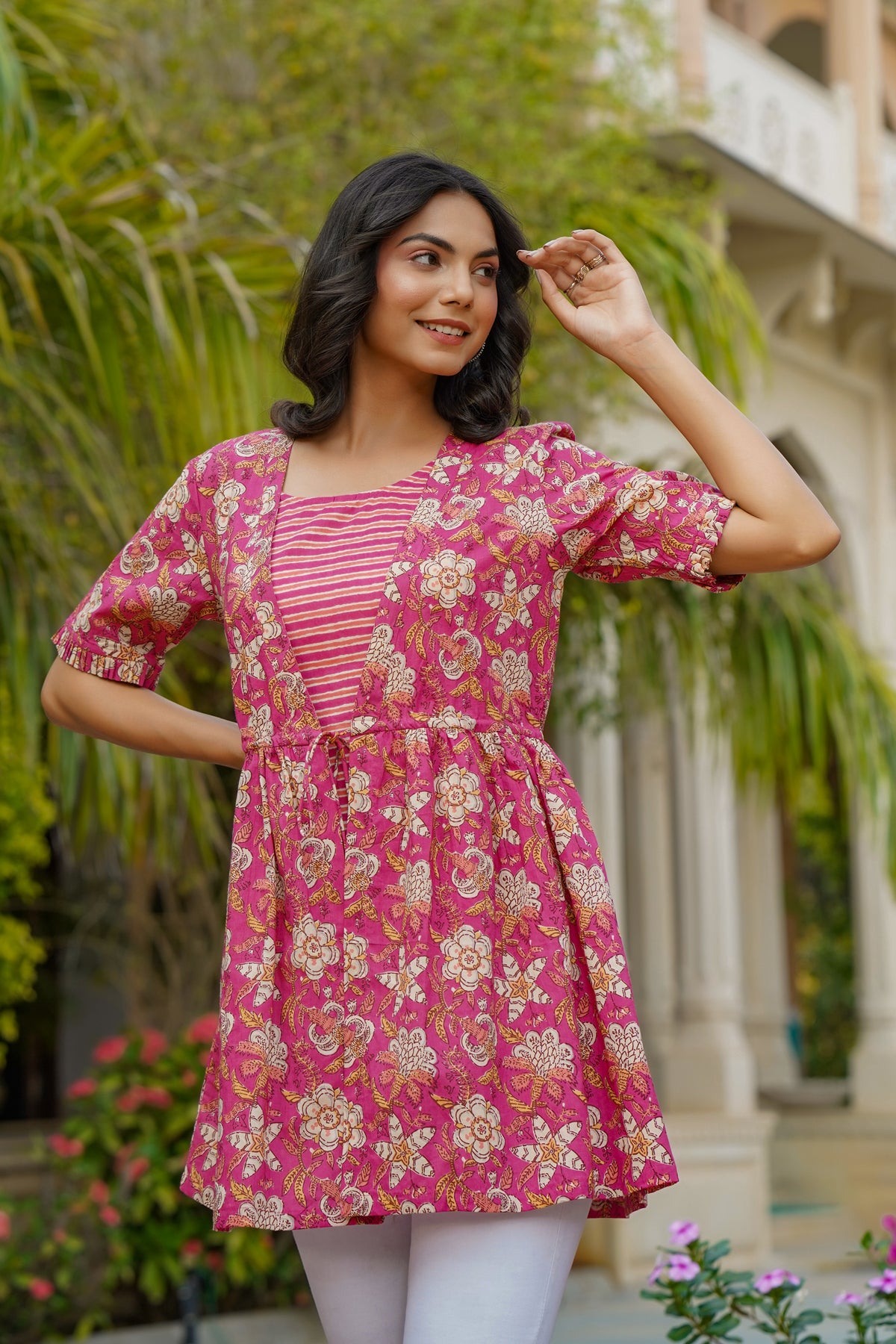 Floral Mosaic with Striped Inner on Pink Short Kurti