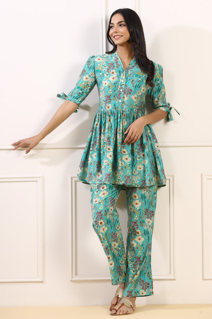 Flower Power Muslin Silk Blue Co-ord Set