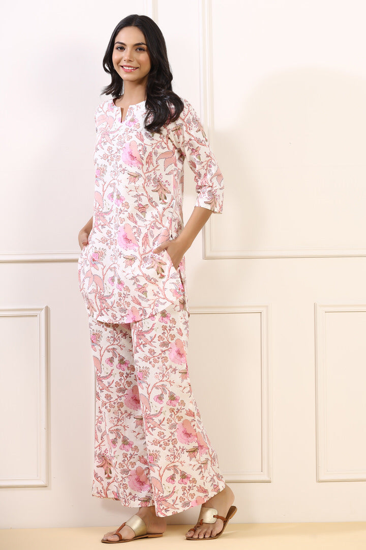 Carnation on White Cotton Palazzo Loungewear Set