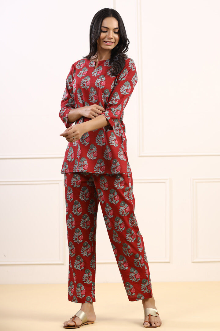 Paisley on Maroon Cotton Loungewear Top Set