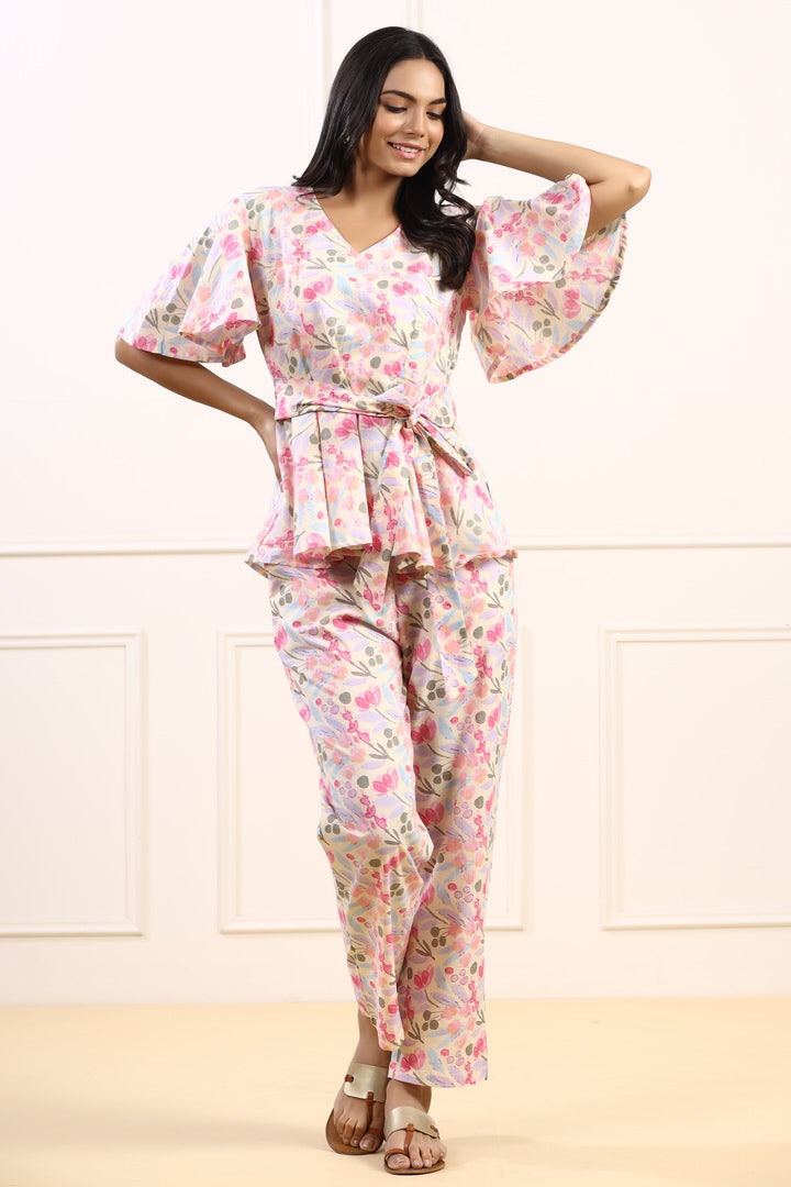 Cherry Blossom on Off white Loungewear Top Set