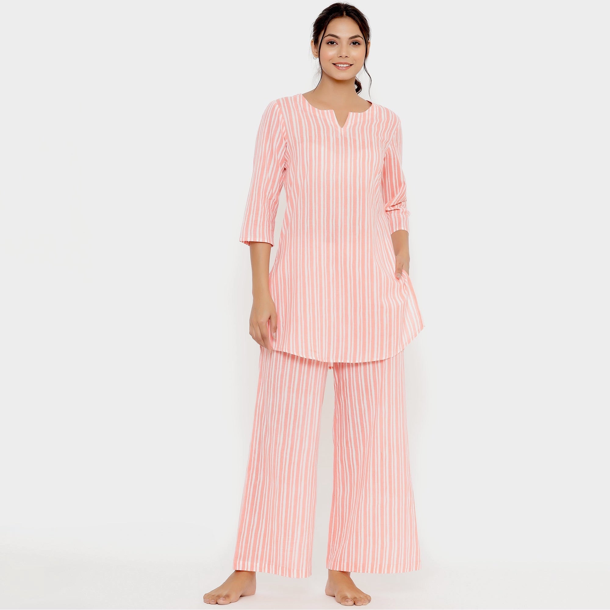 Vertical Stripes On Pink Loungewear Top Set