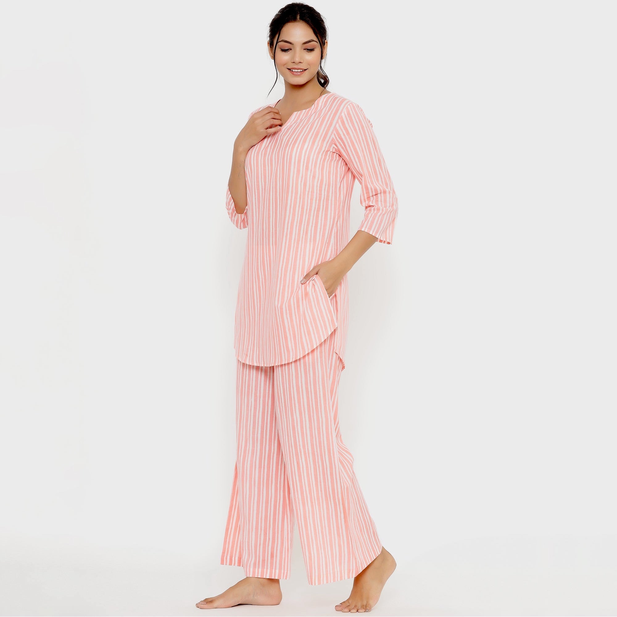 Vertical Stripes On Pink Loungewear Top Set