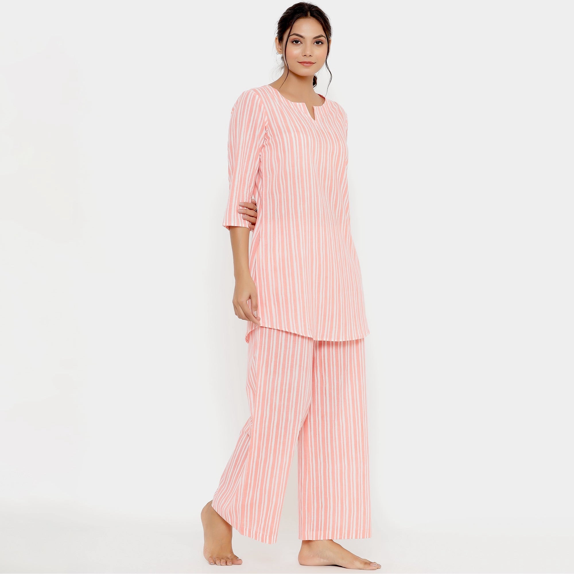 Vertical Stripes On Pink Loungewear Top Set