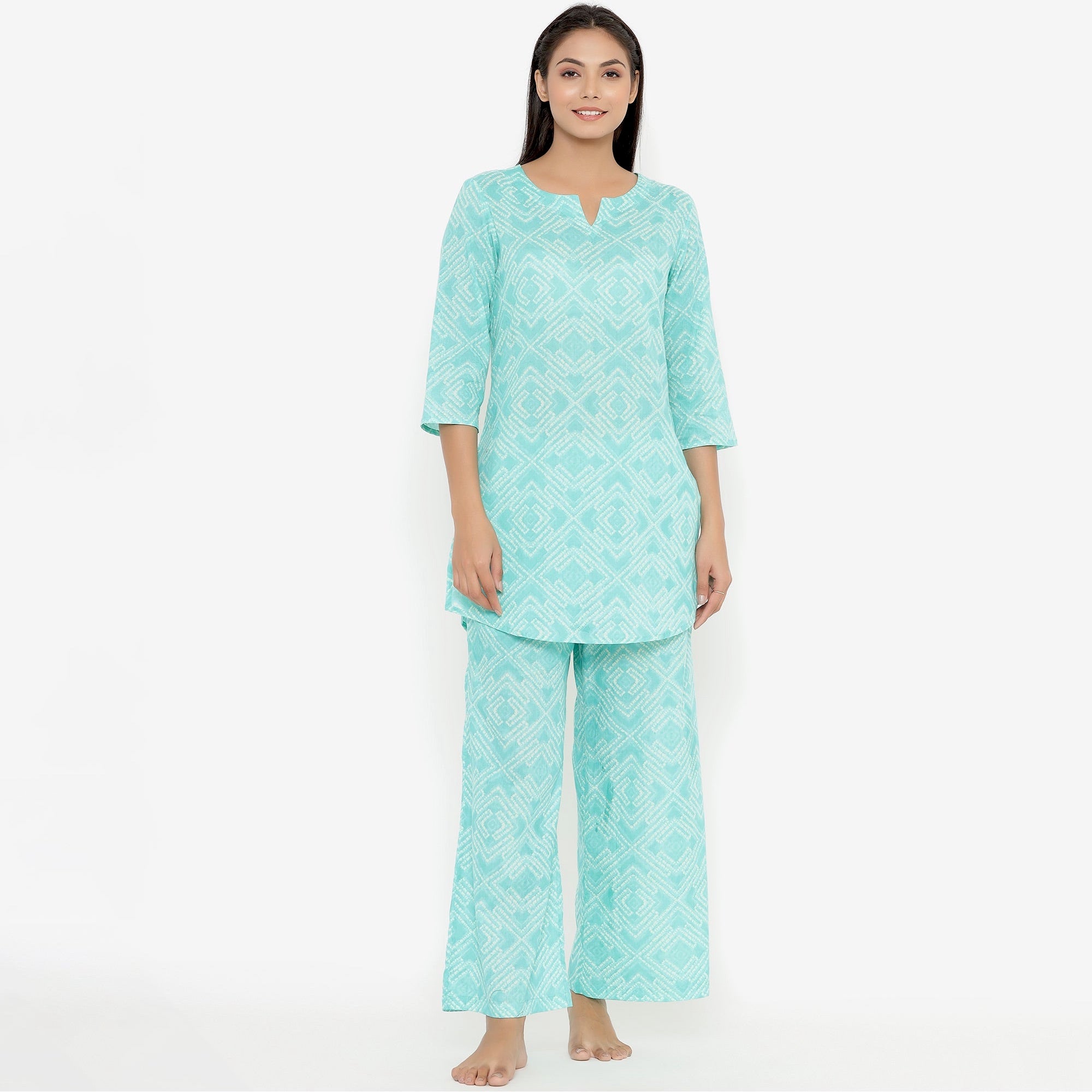 Patterned Shibori On Blue Cotton Loungewear Top Set