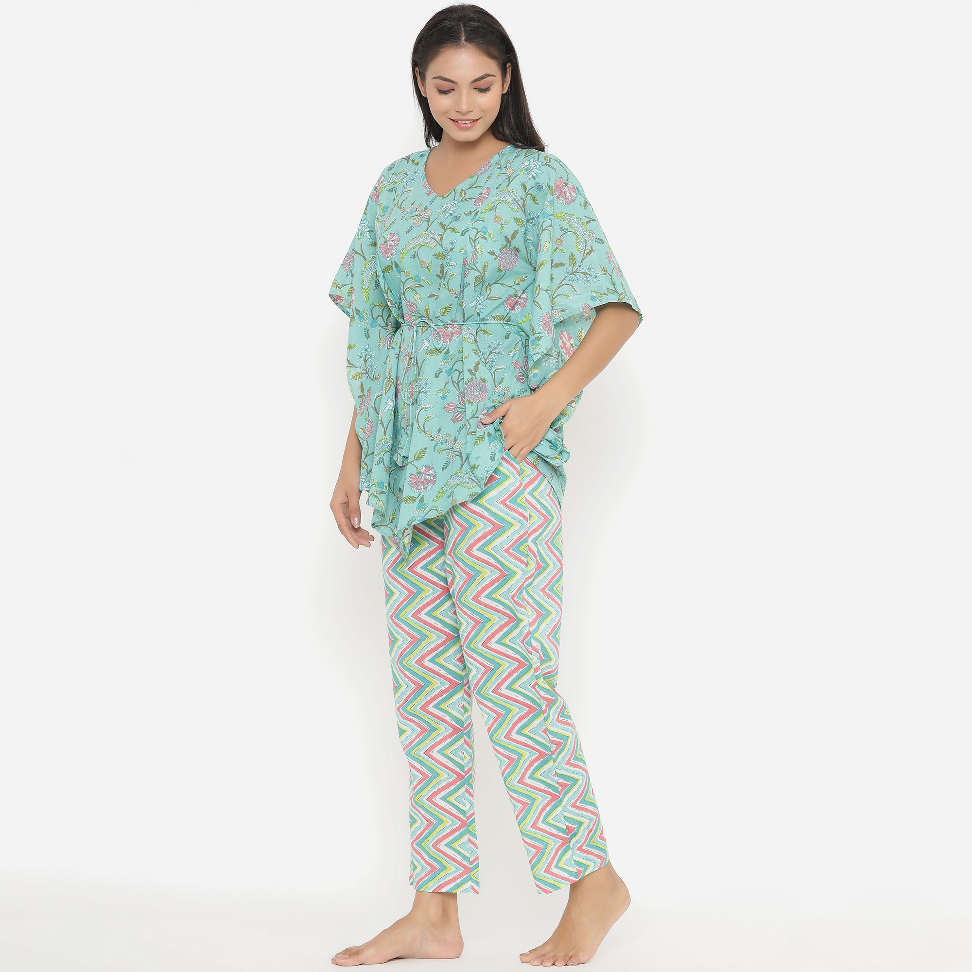 Jaal On Blue Kaftan Pyjama