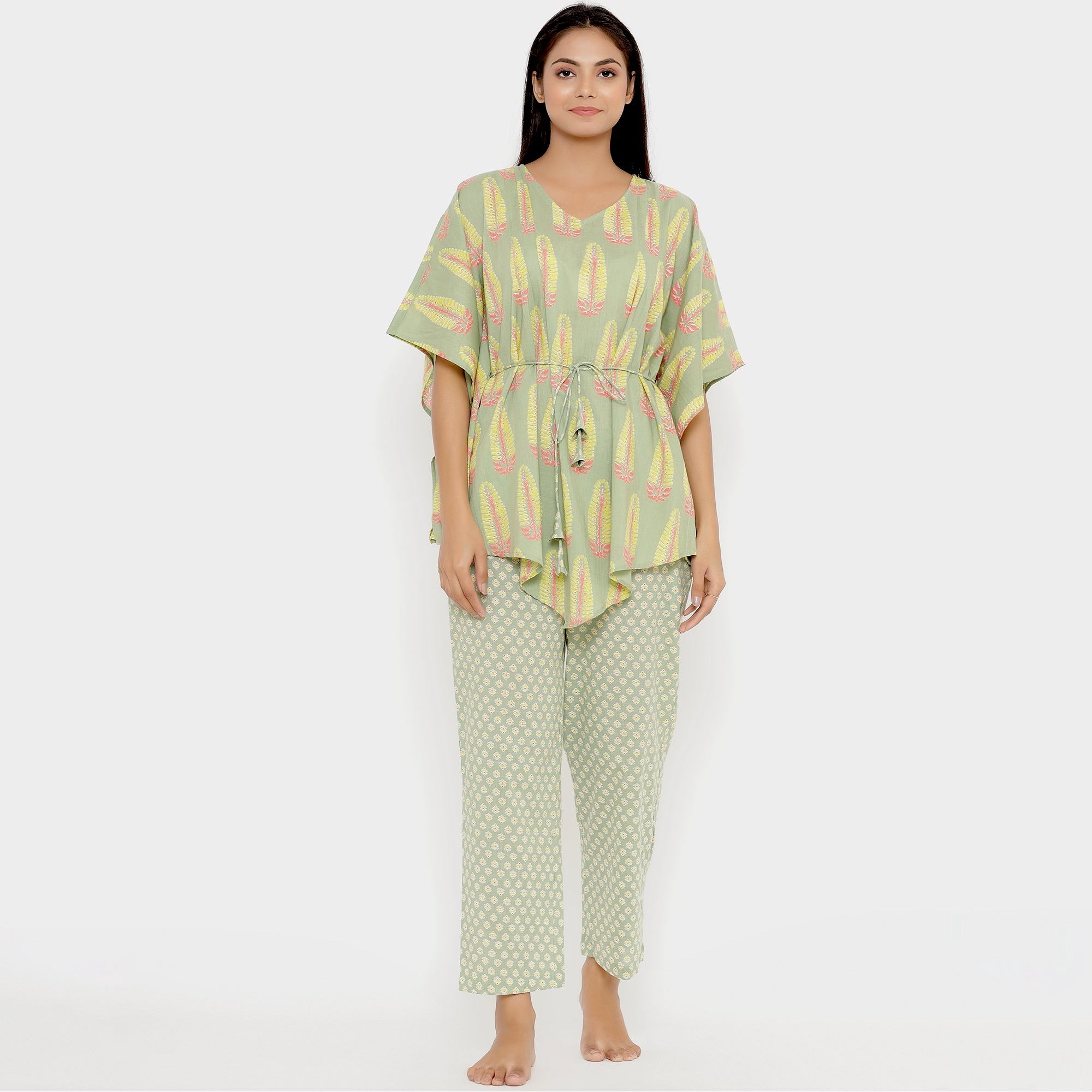 Statement Motif On Green Kaftan Pyjama