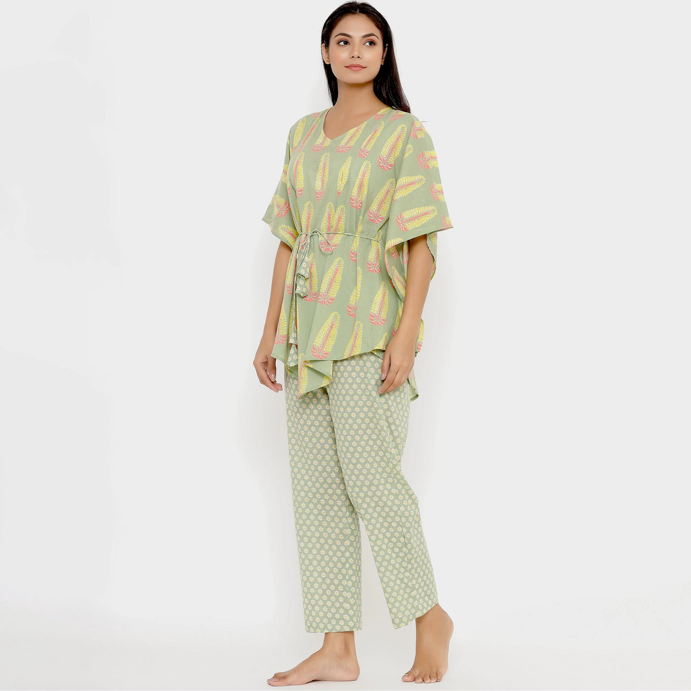 Statement Motif On Green Kaftan Pyjama