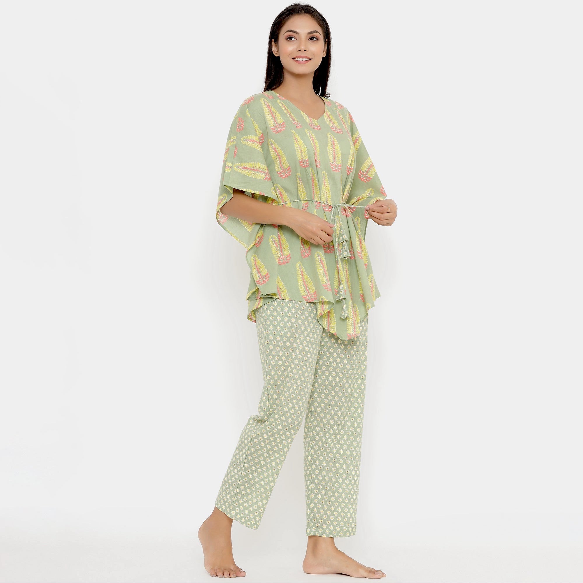 Statement Motif On Green Kaftan Pyjama