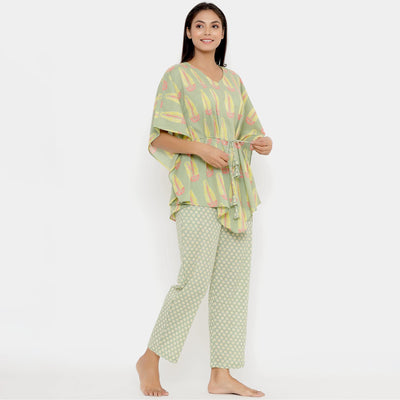 Statement Motif On Green Kaftan Pyjama