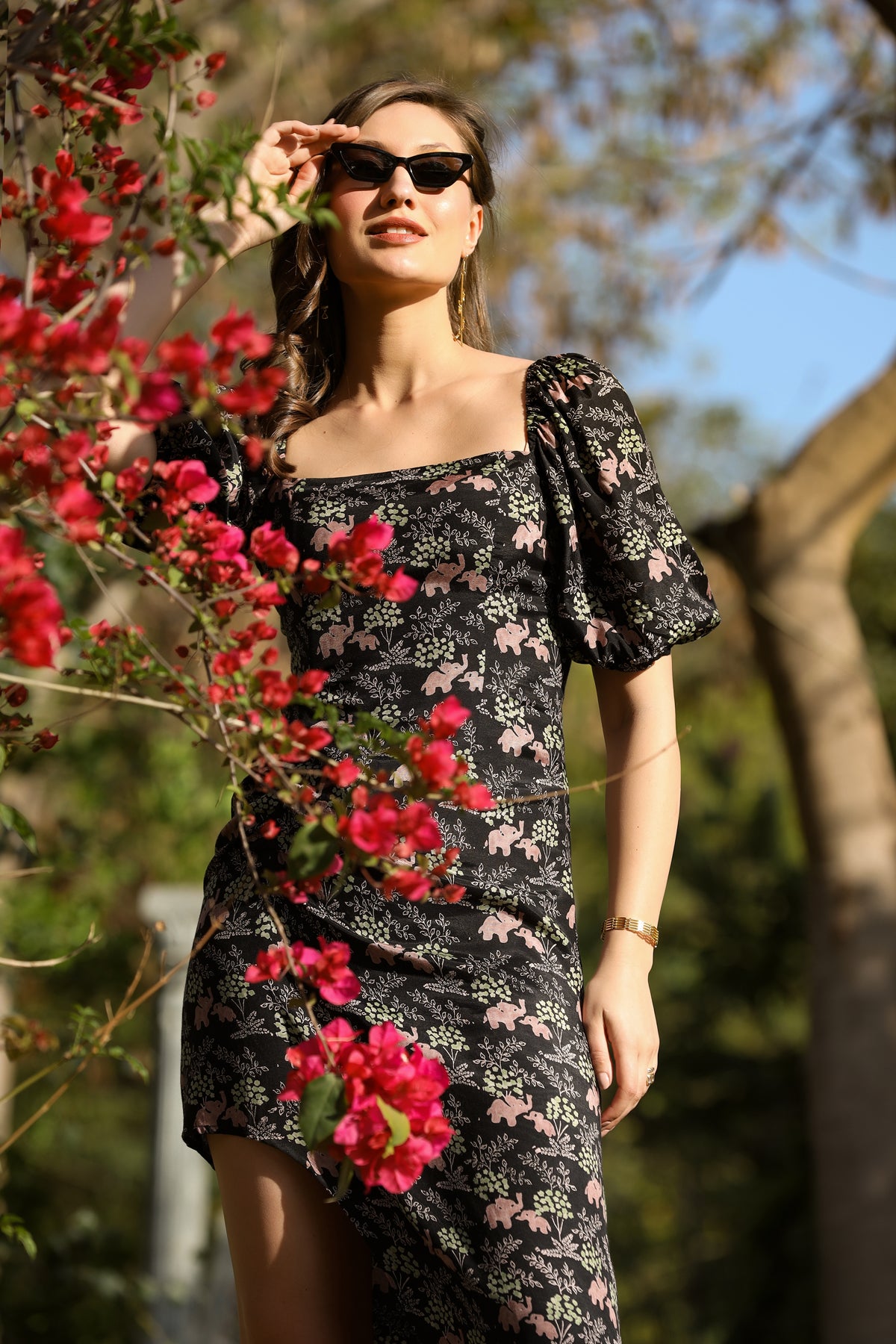 Elephant Safari Black Silk Dress