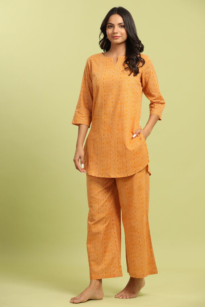 Patterned Bhandej on Cotton Mustard Palazzo Loungewear Set