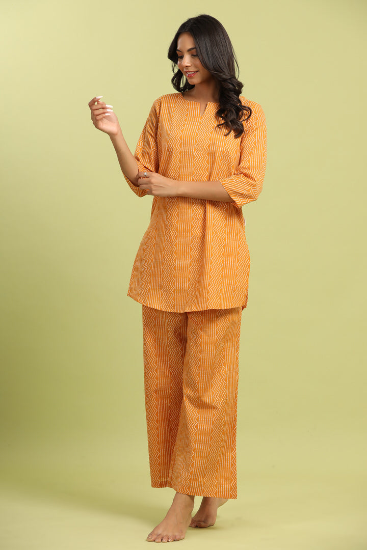 Patterned Bhandej on Cotton Mustard Palazzo Loungewear Set