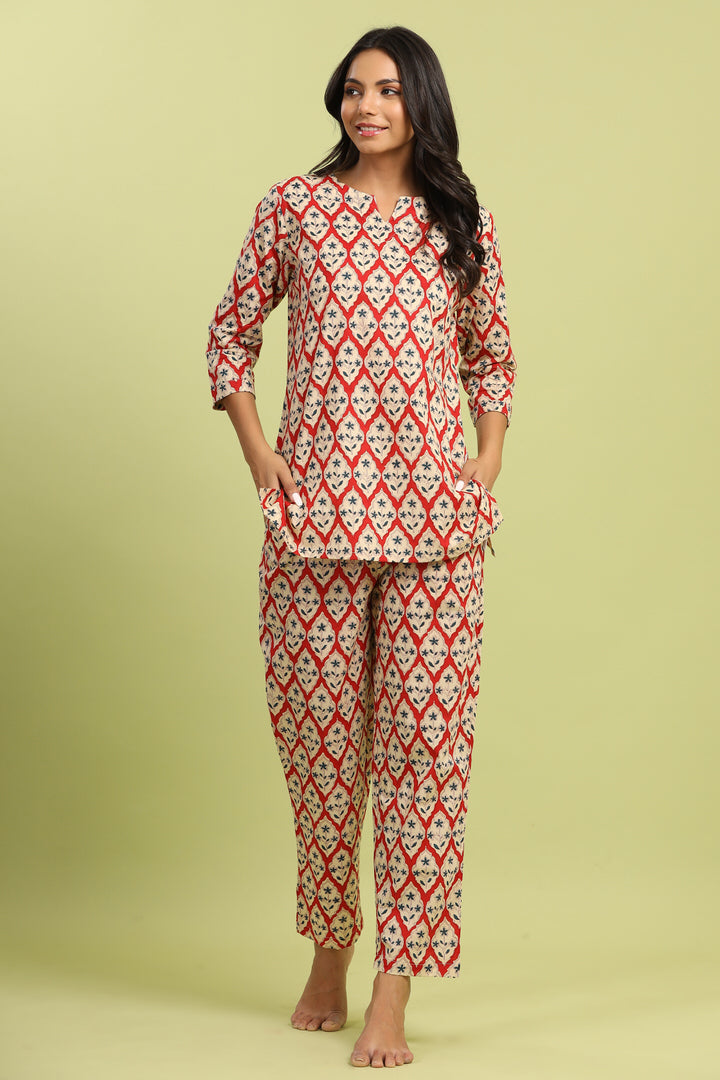 Jharokha on Red Cotton Loungewear Top Set