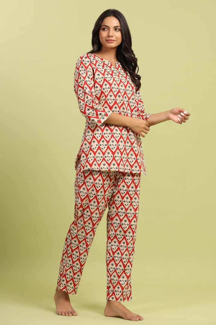 Jharokha on Red Cotton Loungewear Top Set