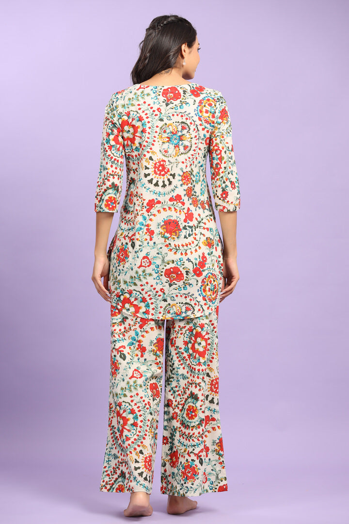 Multicoloured Bagh on White Cotton Palazzo Loungewear Set