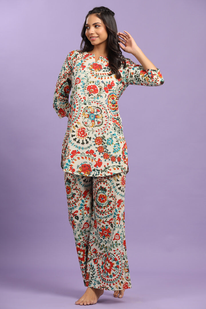 Multicoloured Bagh on White Cotton Palazzo Loungewear Set