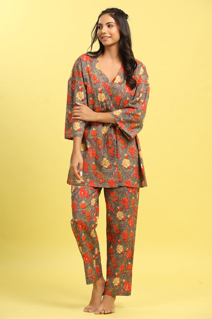 Orange Pop Jaal on Grey Cotton Three Piece Set