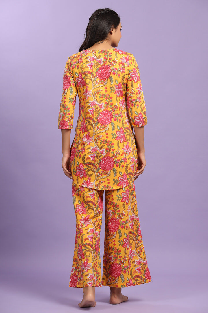 Gulmohar on Cotton Mustard Palazzo Loungewear Set