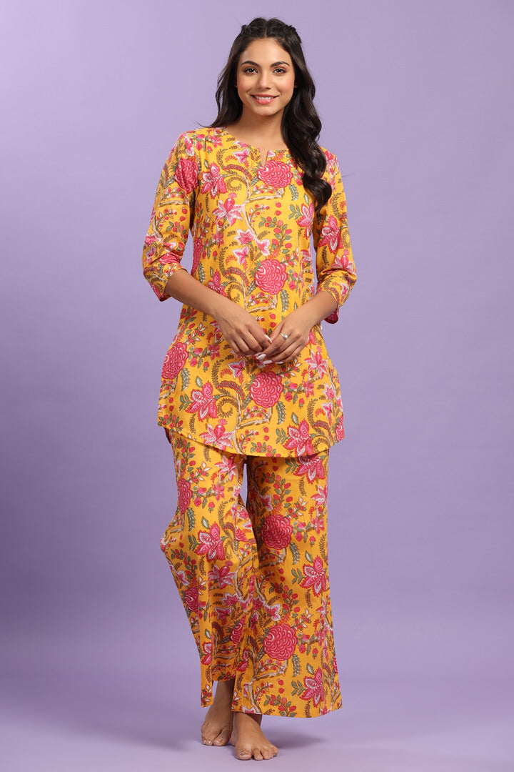 Gulmohar on Cotton Mustard Palazzo Loungewear Set