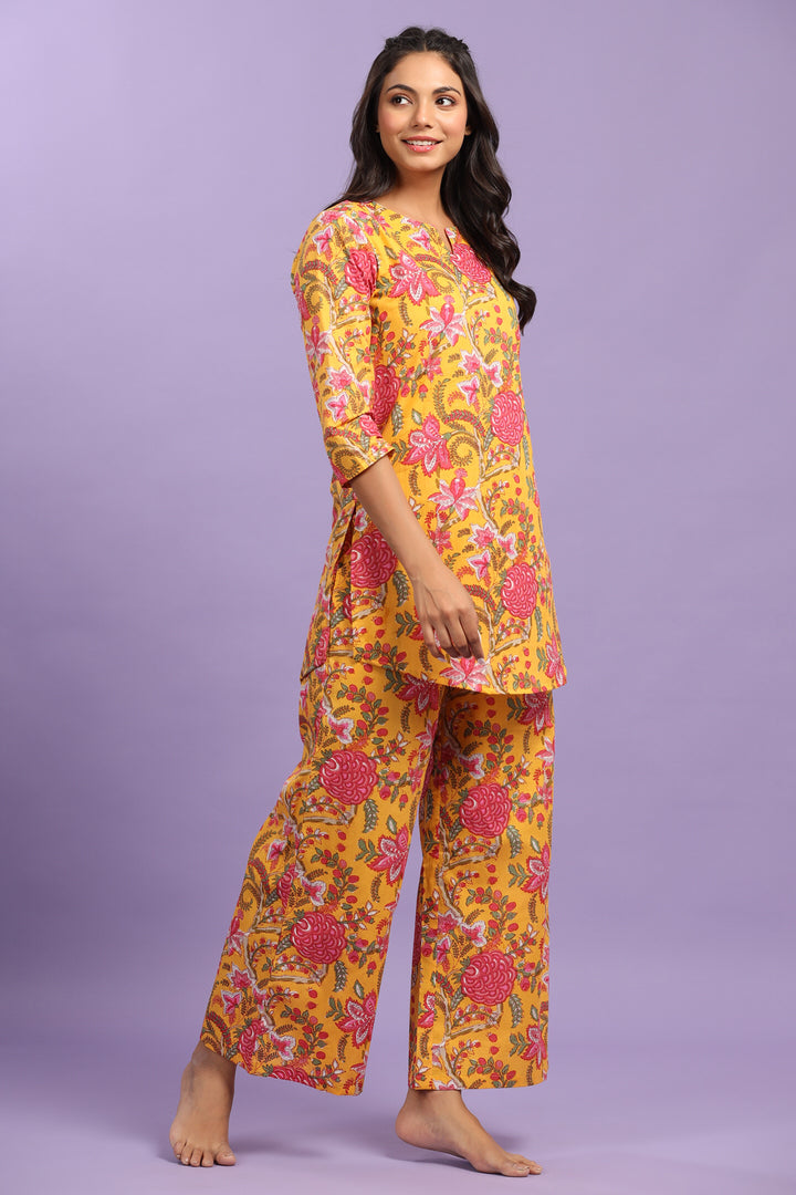 Gulmohar on Cotton Mustard Palazzo Loungewear Set