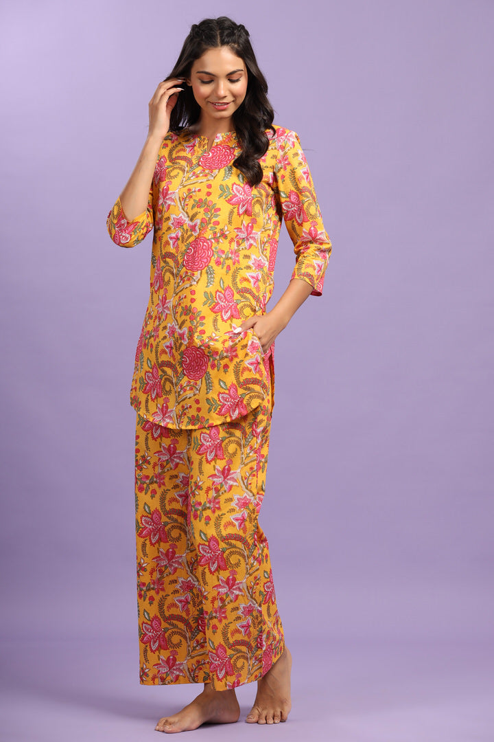 Gulmohar on Cotton Mustard Palazzo Loungewear Set