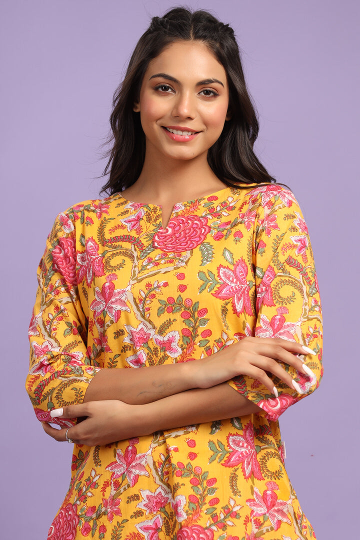 Gulmohar on Cotton Mustard Palazzo Loungewear Set