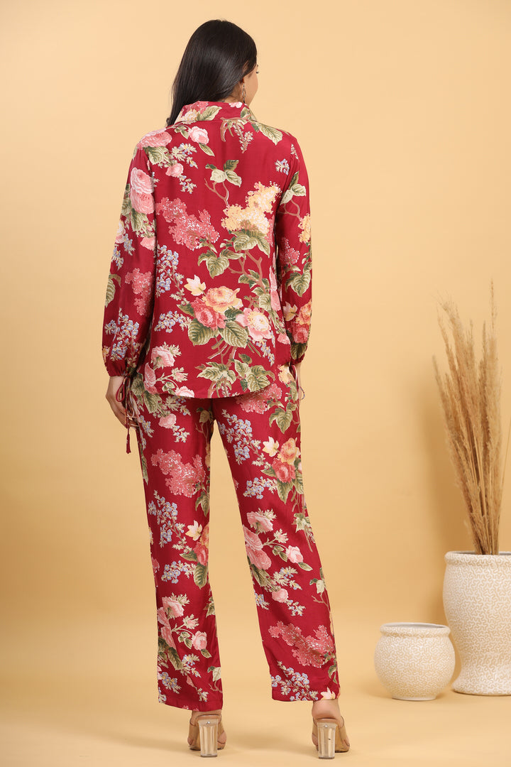 Russian Silk Red Floral Co-ord Set