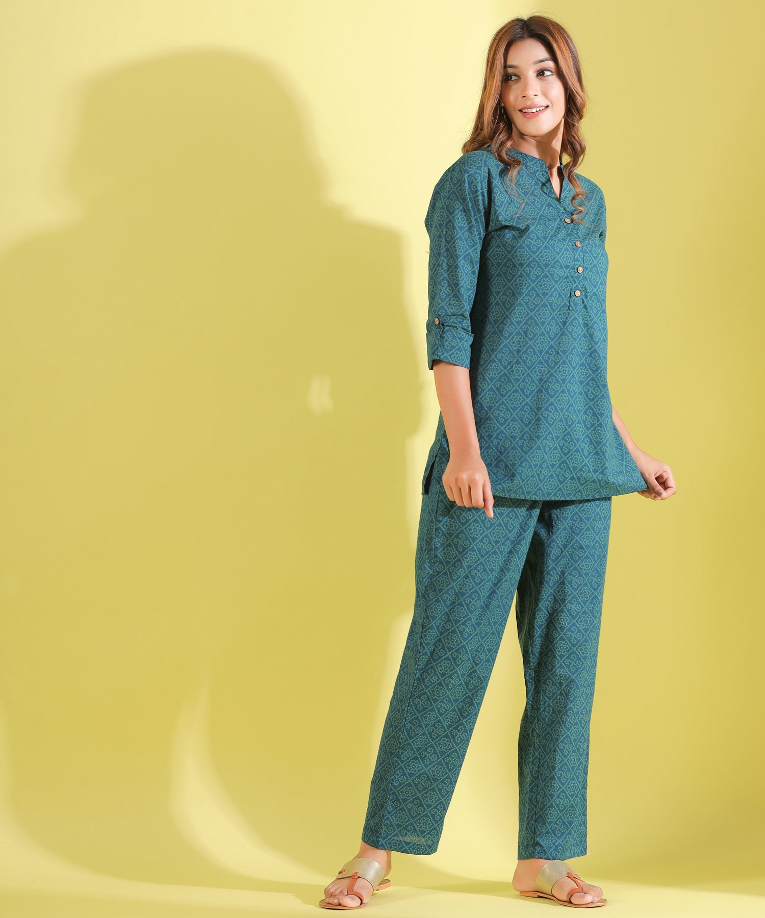 Twirled Bandhani on Green Cotton Loungewear Top Set