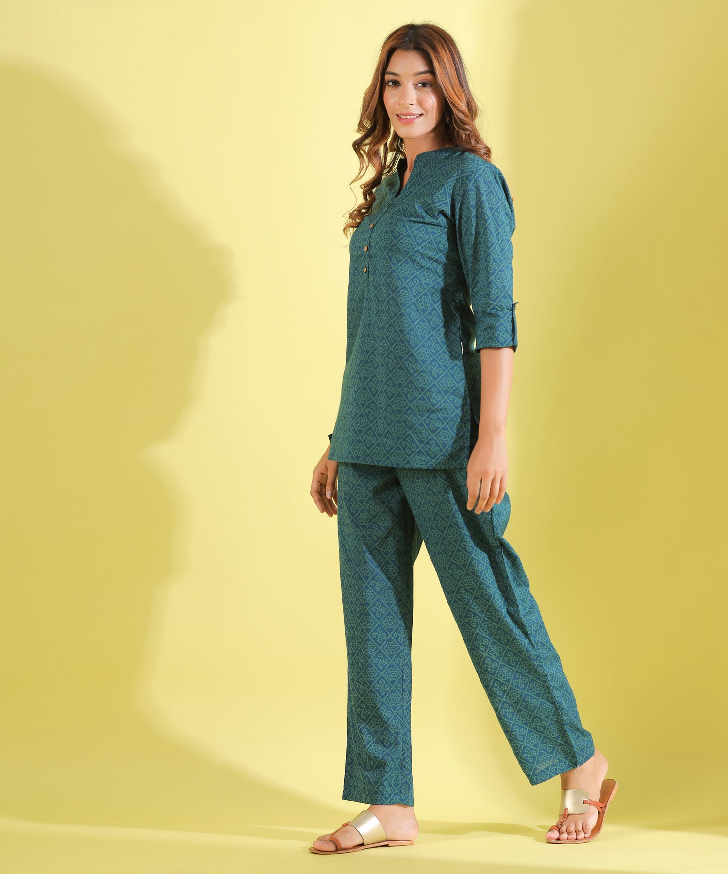 Twirled Bandhani on Green Cotton Loungewear Top Set