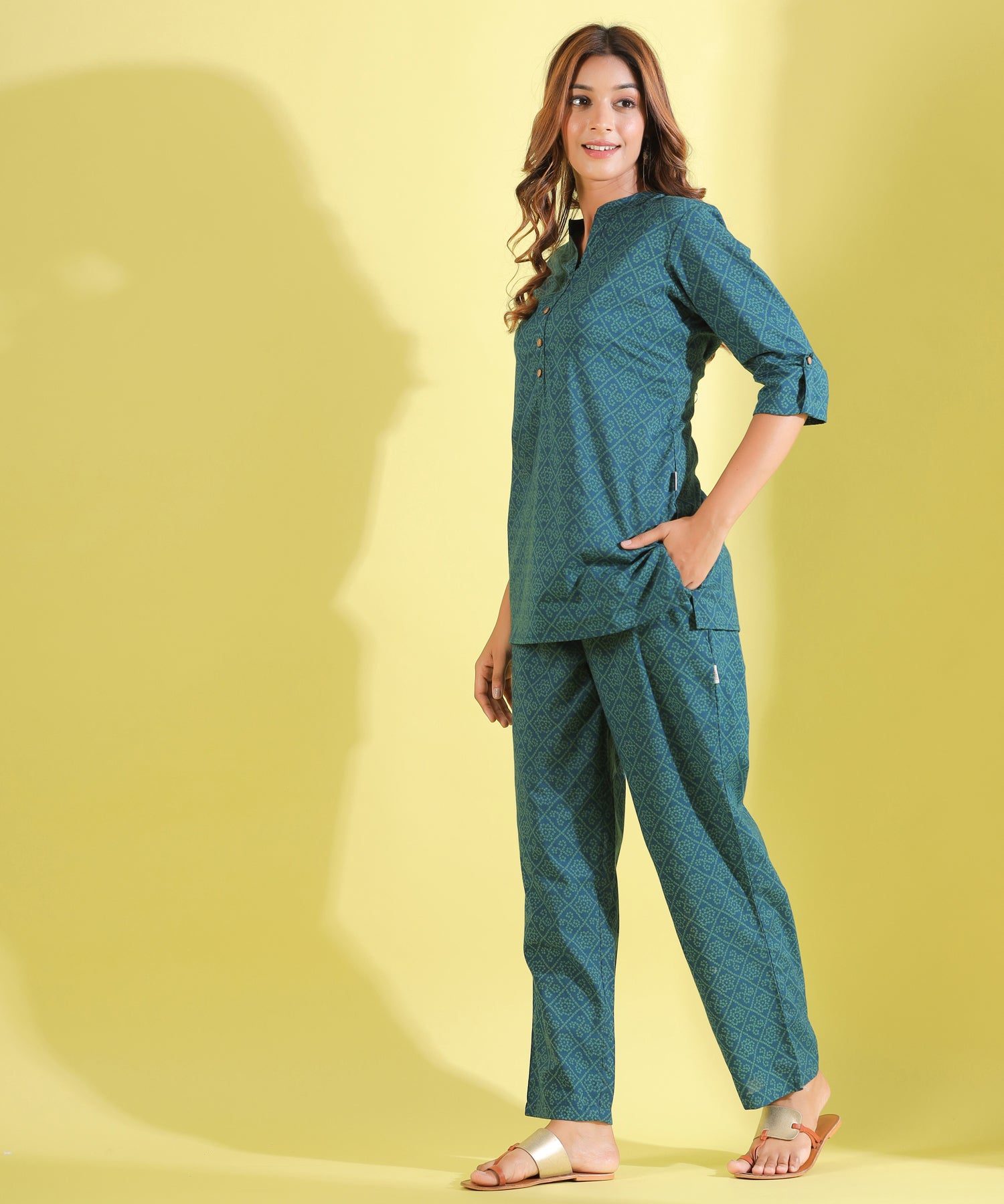 Twirled Bandhani on Green Cotton Loungewear Top Set