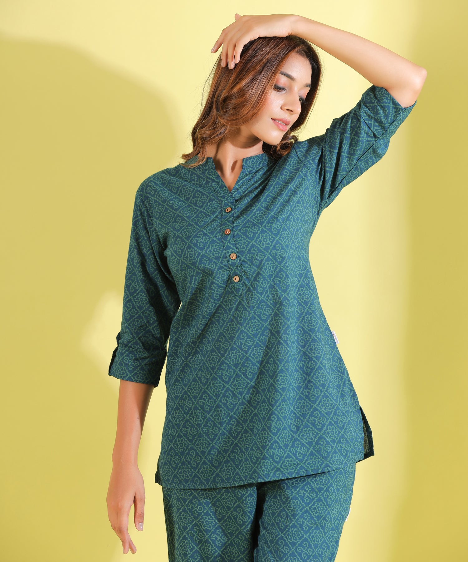 Twirled Bandhani on Green Cotton Loungewear Top Set