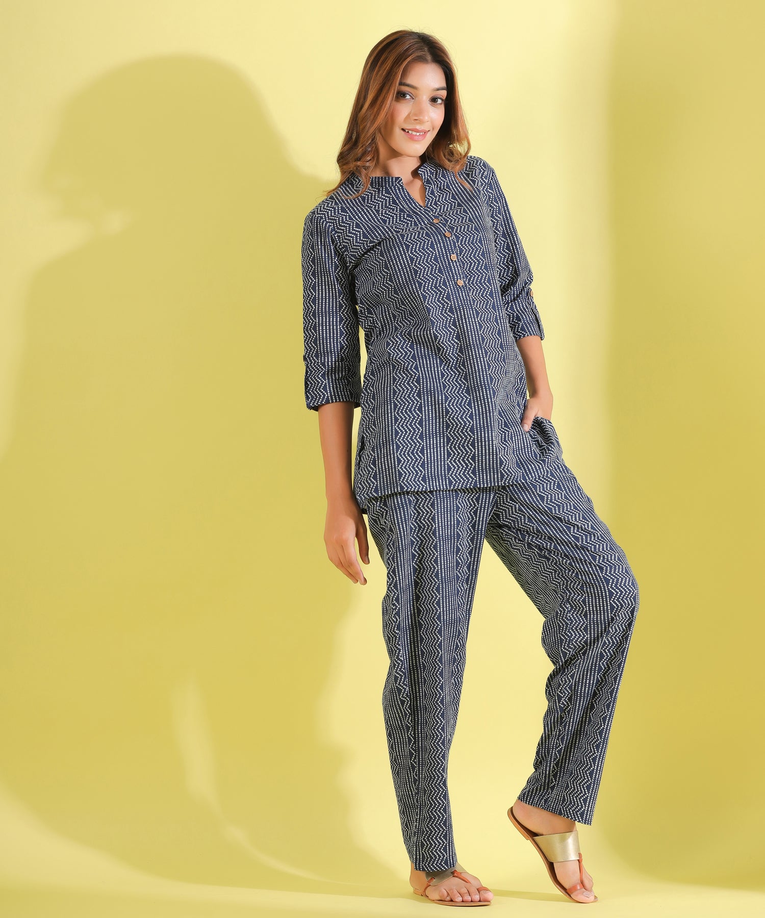 Parallel Bandhani On blue Cotton Loungewear Top Set