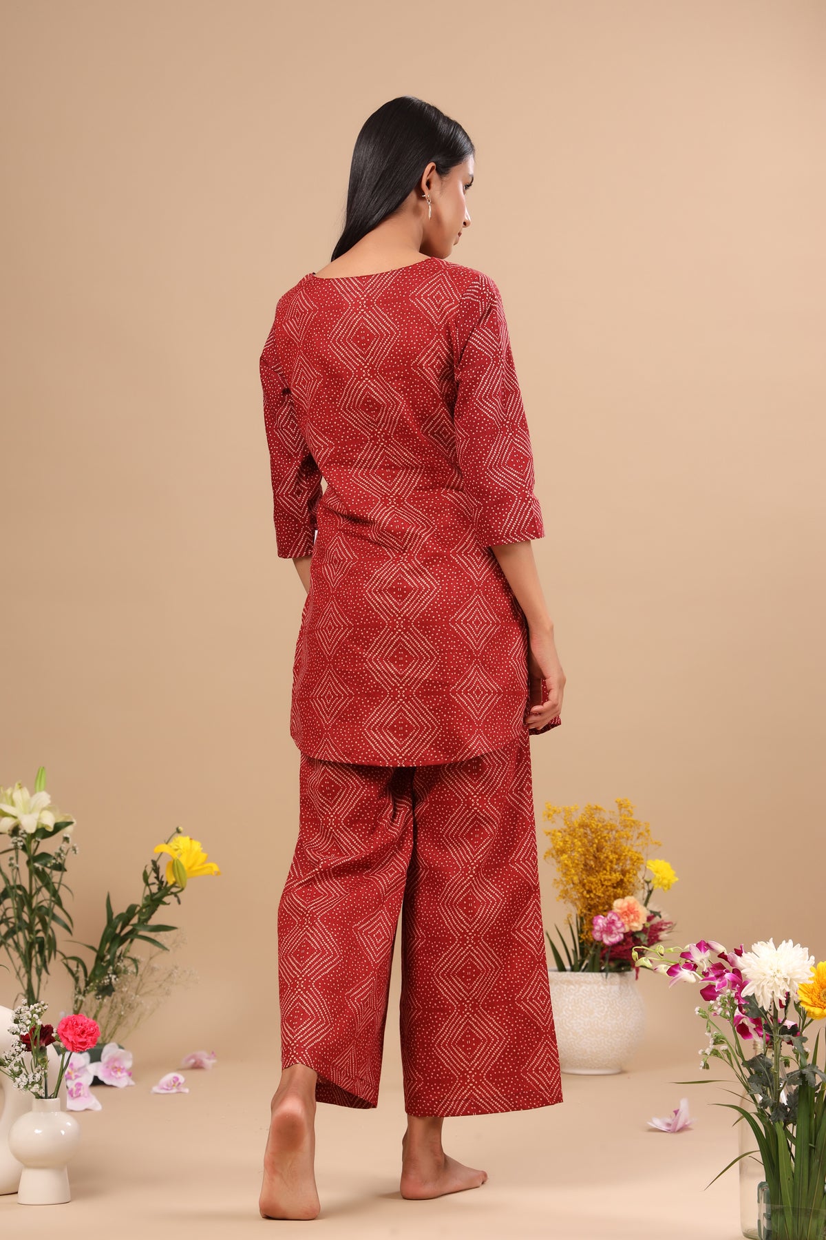 Zig-Zag Bandhani on Red Loungewear Top Set