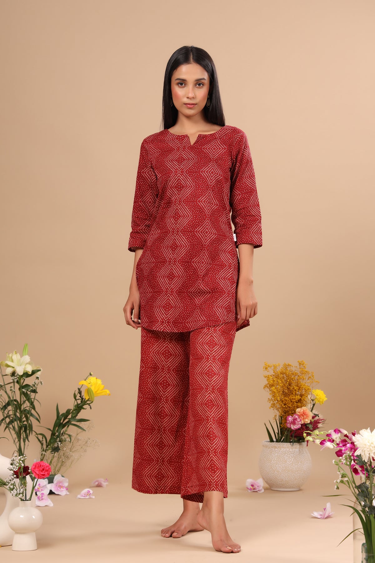 Zig-Zag Bandhani on Red Loungewear Top Set