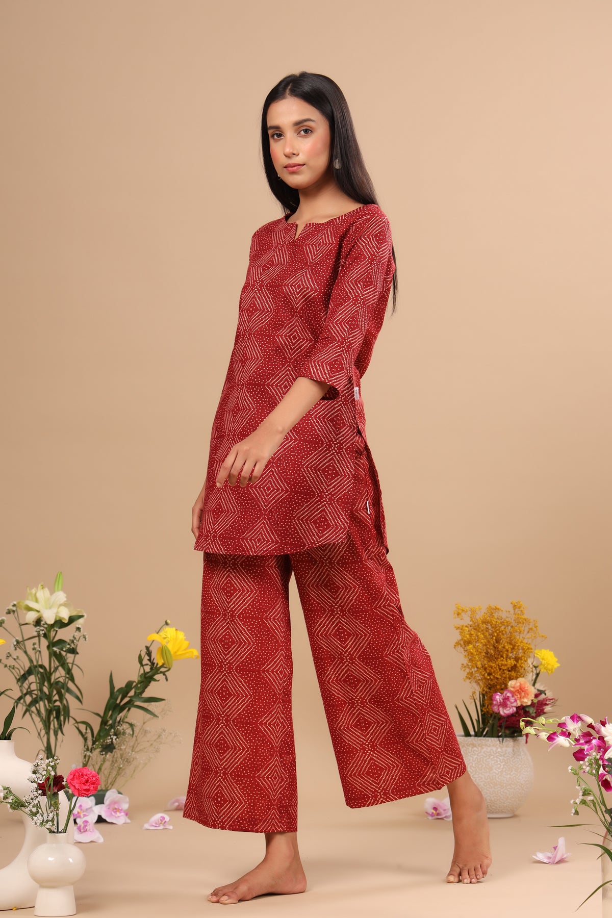 Zig-Zag Bandhani on Red Loungewear Top Set