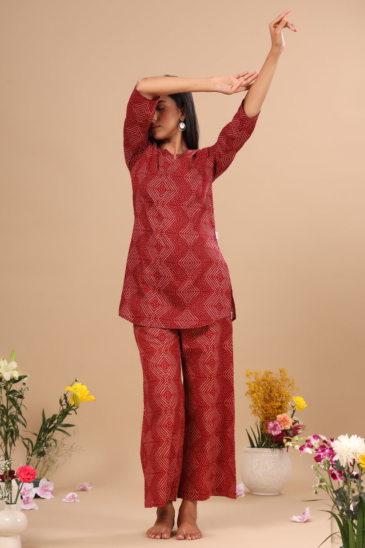 Zig-Zag Bandhani on Red Loungewear Top Set